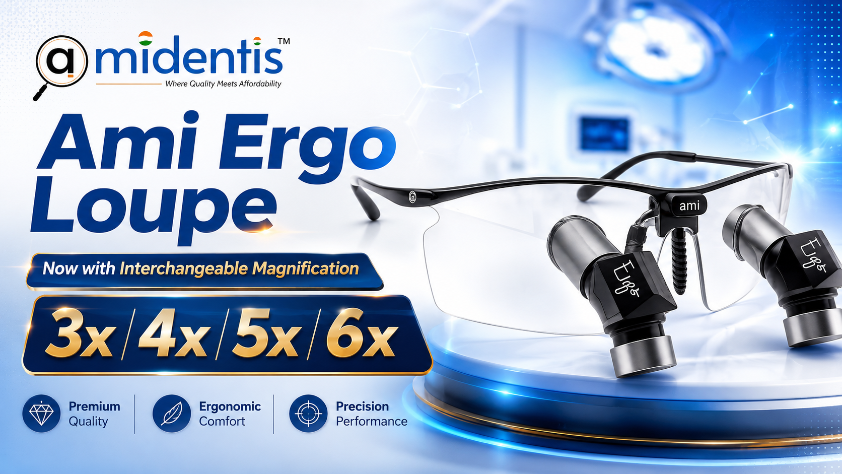 Ami Ergo Loupe by Amidentis with interchangeable magnification options 3x, 4x, 5x, and 6x, designed for ergonomic comfort, premium quality, and precision performance.